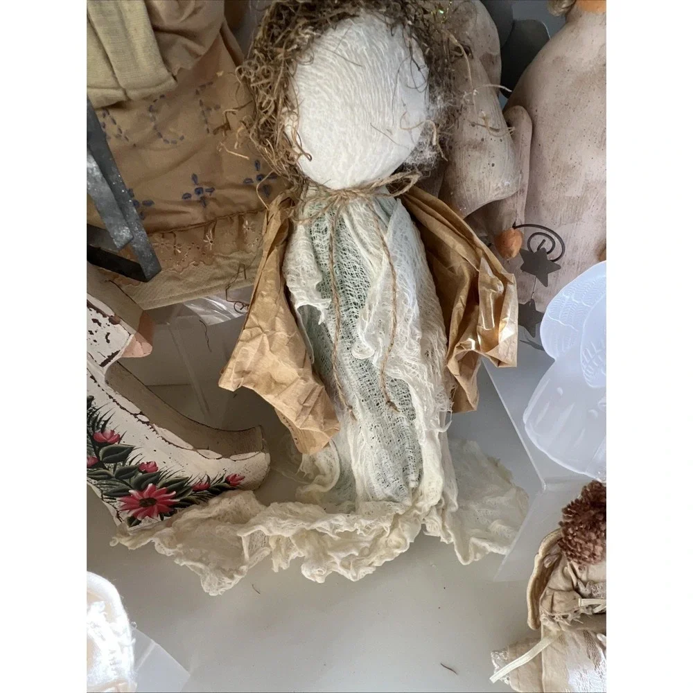 Vintage Primitive Angel Collection Lot Christmas Decor Folk Art Cloth Wood Straw